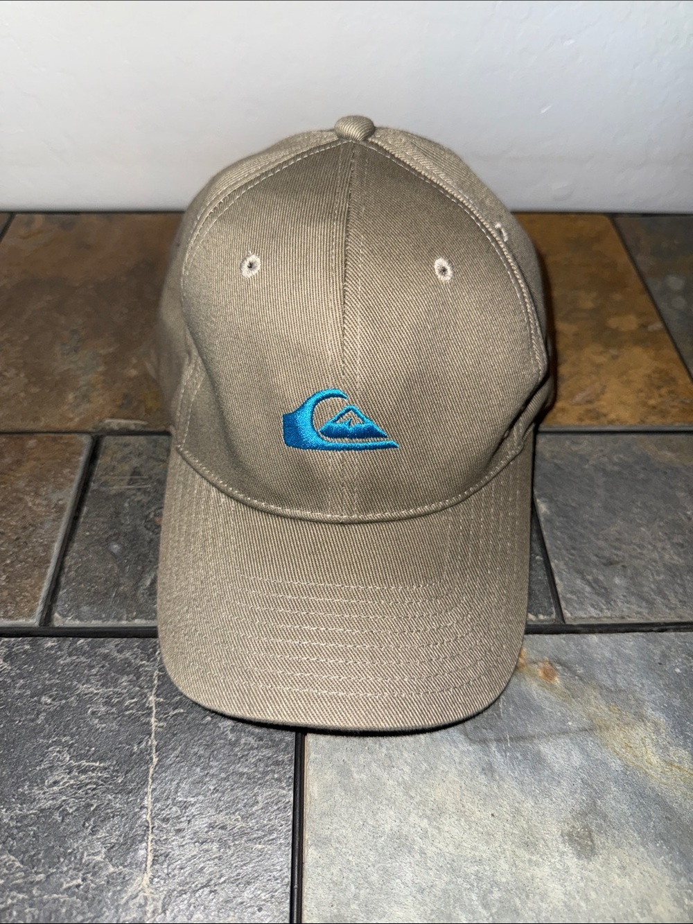 Quiksilver Mens Khaki Tan Blue Embroidered Logo Curved Brim Baseball Hat Cap